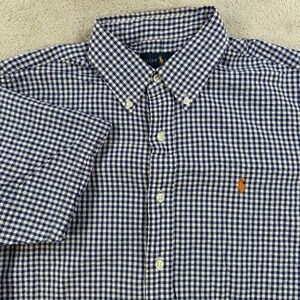 Polo Ralph Lauren Shirt Mens Medium Blue Seersucker Gingham Button Down Pony